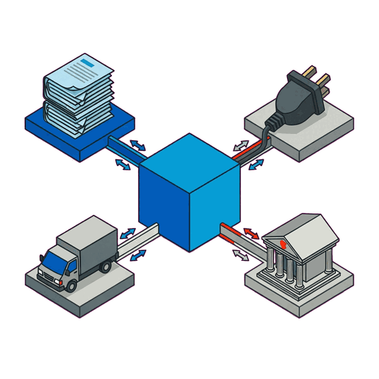 Illustration av meddelandeutbyte mellan fyra anslutna system och en central nod