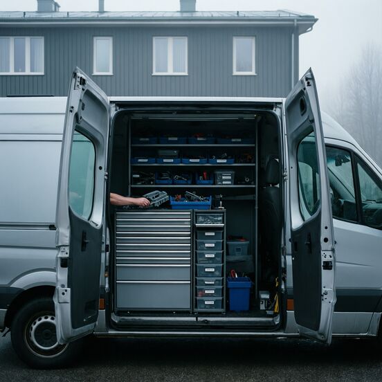 Servicebil med inredda backar och lådor utanför ett bostadshus