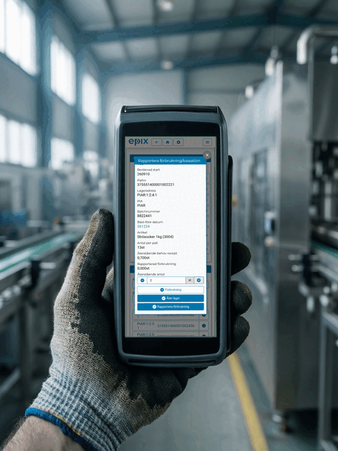Rapportering av förbrukning och kassation i Epix på handterminal ute i produktionen