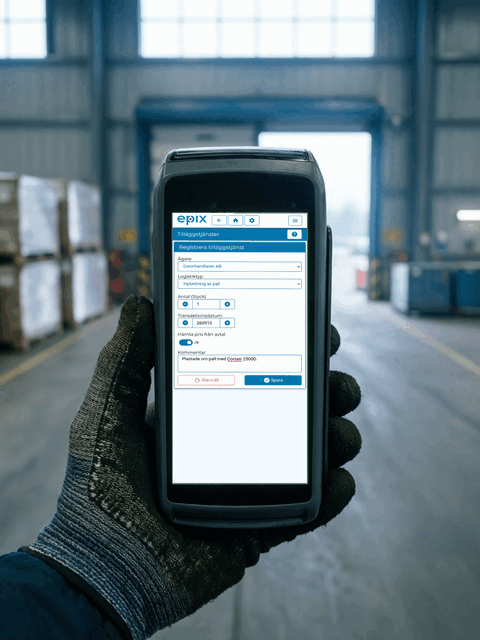 Registrering av tilläggstjänst i Epix på handterminal, med varuägare och logistiktyp